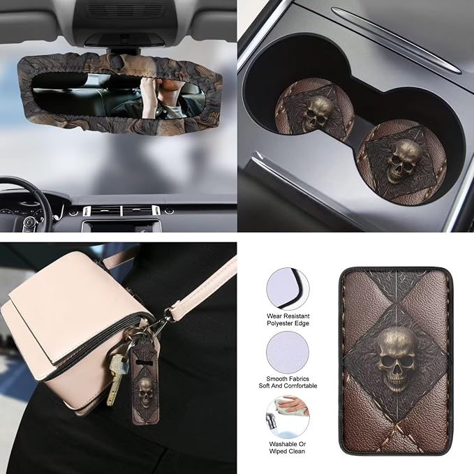 Skull Print Car Seat Cover Full Set with Auto Steering Wheel Cover Seat Belt Protector Armrest Pad Auto Rear View Mirror Protector Set of 15, Car Accessories Set, Brown