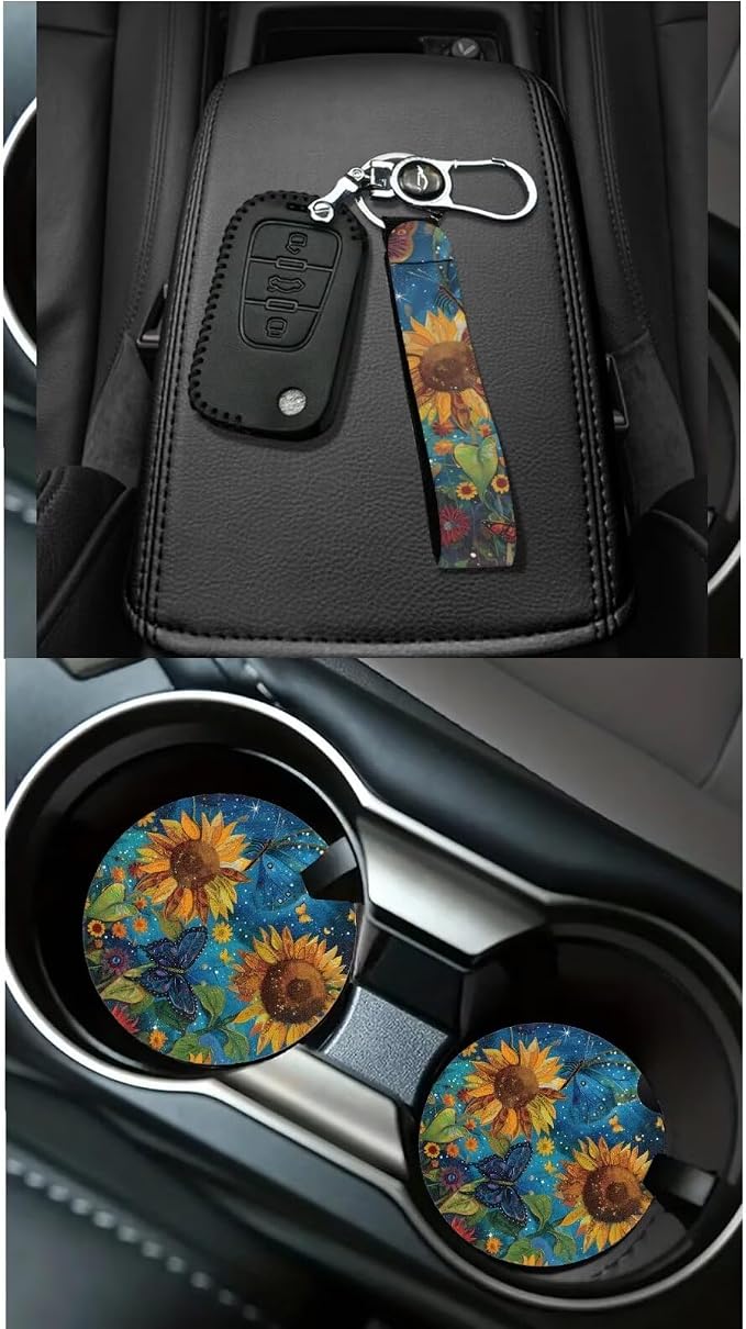 Dreaweet Starry Sky Sunflower Car Seat Covers Full Set for Women Universal Car Accessories - Steering Wheel Cover Seatbelt Covers Car Coasters Trash Bag Vent Storage Bag Rearview Mirror Cover Keychain