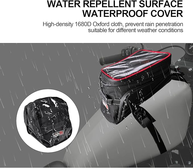Motorcycle Tank Bag w/Strap Storage Bag Compatible with Honda Yamaha Suzuki Kawasaki Harley Water Resistant (Red Piping)