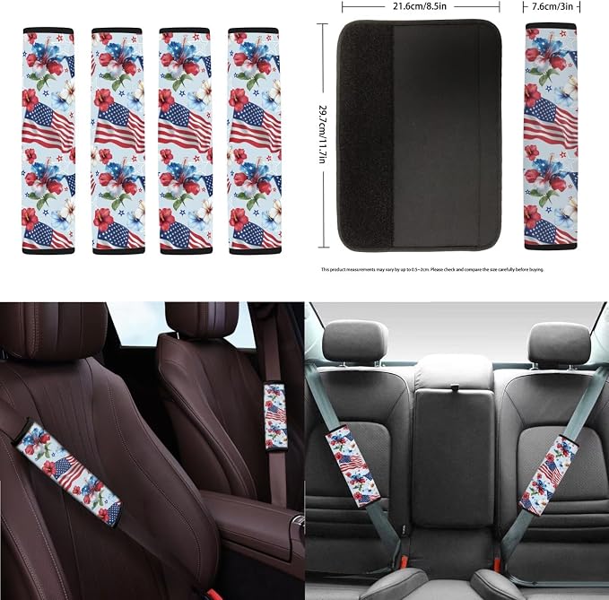 250 Years Full Set Car Seat Covers Hibiscus American Flag Print Car Front and Rear Seat Covers with Interior Decor Accessories for Truck Sedan SUV, Easy to Install, Blue