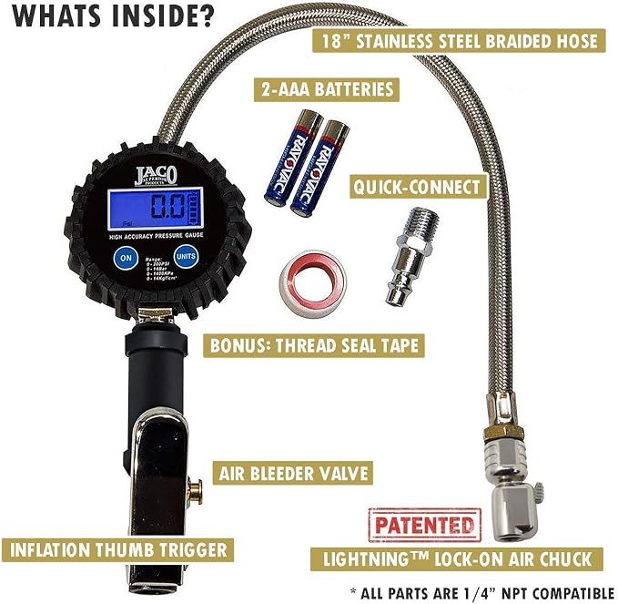 JACO Lightning Bike Tire Inflation Kit | with Lightning L3-Series Bike Air Chuck & FlowPro Digital Tire Inflator Gauge (200 PSI)