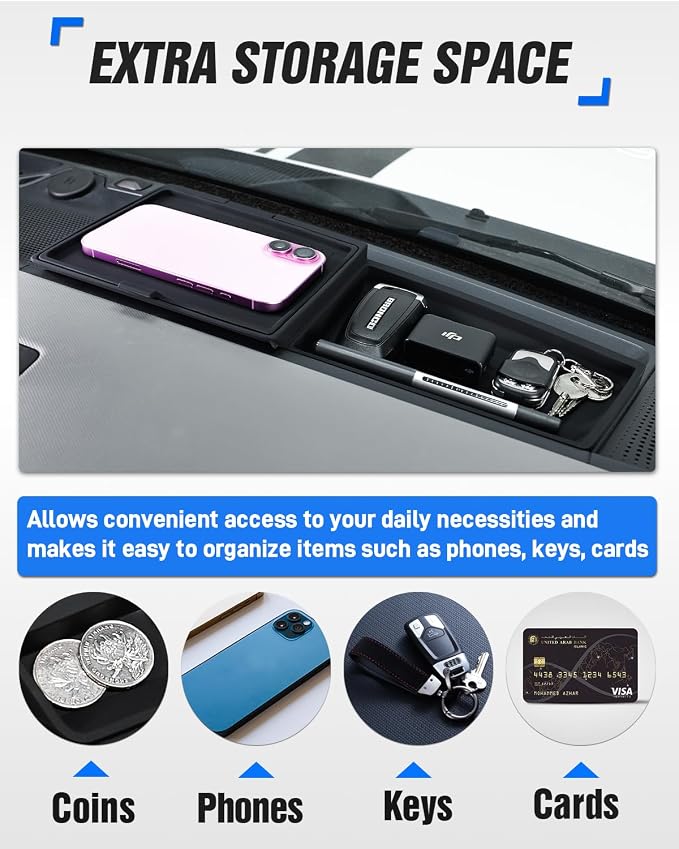 ROADER Dashboard Storage Organizer Tray Compatible with 2021-2025 Ford Bronco, Behind Screen Pocket Center Console Dash Organizer Box with Lid Cover Interior Storage Expansion Accessories