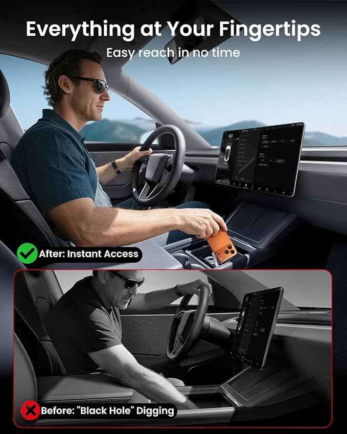 REEVAA 4-in-1 Center Console Organizer Set for Tesla Model Y Juniper & Model 3 Highland 2024/2025/2026, [Maximize Space, Zero Interference], Storage Trays with Odorless Pure Silicone Liners, Black