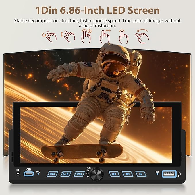 6.86" Android CarPlay Stereo, Single Din Car Radio with Android Auto, HD Touch Screen Bluetooth Handsfree FM Audio Receiver with Mirror Link, SWC,Backup Camera Support USB/TF/AUX/MIC
