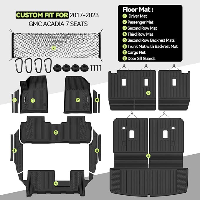 Tongama-Floor Mats for 2017-2023 GMC Acadia 7 Seat with Bench Seats, All Weather TPE Trunk Mat with Backrest Mat & 2nd Row Backrest Mats & Cargo Net & Full Coverage Door Sill Guards Kit
