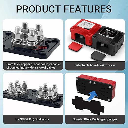 Bus Bar 450A 48V DC Heavy Duty Terminal Studs Box, 2-Pack Busbar with 8 * 3/8 INCH(M10) Studs, Flame Retardant ABS+PC Insulation Cover for Marine, Boat, Car, RV, Solar Panel Electrical Wiring