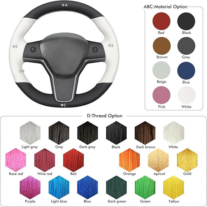 MEWANT Stitching Black White Faux Leather Steering Wheel Cover for Tesla Model Y Model 3 Steering Wheel Wrap Accessory