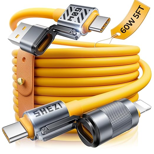 2025 Silicone 4-in-1 USB C Cable 60W Compatible with Lightning Cable Fast Charging & Data Transfer, Support to CarPlay & Android Auto, 5FT Multi Cord Combo Charger for iPhone/iPad