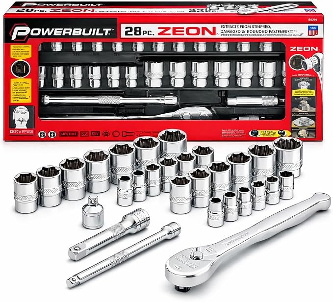 Powerbuilt 28-Piece Zeon Socket Set, SAE & Metric Rounded Fastener Grip Sockets with XT90 90-Tooth Ratchet, Extensions & Storage Tray - 941763