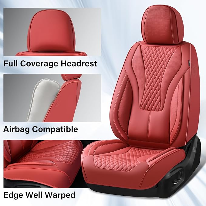 Coverado Waterproof Nappa Leather Car Seat Covers Full Set, Red 5-Seat Car Seat Protector, Front & Rear Cushions Fit for Most Sedans, SUVs, Pick-up Trucks