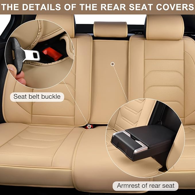 TIEHESYT Beige Car Seat Covers Full Set, Breathable Leather Automotive Front and Rear Seat Covers & Headrest for Comfortable Driving, Compatible with Most Cars Sedans SUV Pickup Trucks