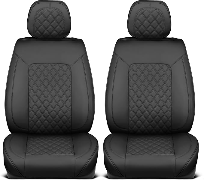 MotorBox Haven Series Napa Leather Seat Covers for Cars, Lux Edition Diamond Stitched Front Seat Covers, Premium PU Leatherette Black Car Seat Covers for Cars Trucks SUVs