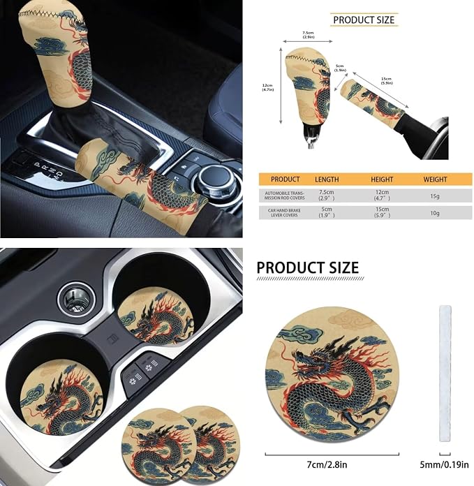 AFPANQZ Retro Dragon 11 Pcs Car Seat Cover of Front Rear Full Set Car Accessories Include Hand Brake and Gear Shift Knob Cover, Seat Belt Pads, Steering Wheel Cover for Womens