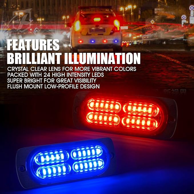 Xprite 24 LED Surface Mount Strobe Lights Kit with Control Panel, Grill Grille Side Marker Flashing Emergency Warning Police Light Assembly for Trucks Vehicles ATV UTV RV Cars Van Red Blue, 8PCS