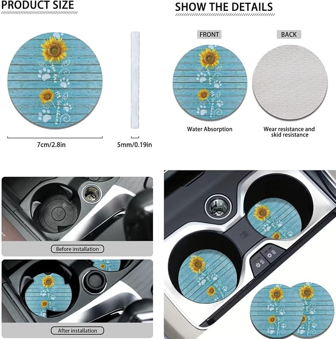 POLERO 11pcs Car Seat Covers Sunflower on Board Print Steering Wheel Cover Set 11pcs You are My Sunshine Seatbelt Pads with Dog Paws Car Coasters