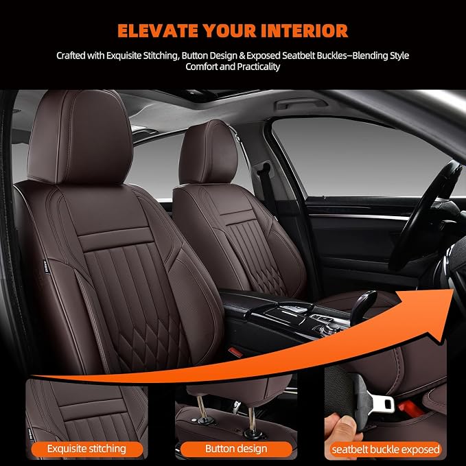 Premium Nappa Leather Car Seat Covers Full Set, Universal Fit for Most Sedans, SUVs - Waterproof & Breathable, Compatible with Honda Civic, Toyota Corolla, Jeep Cherokee/ 5-Seater, Luxury Brown
