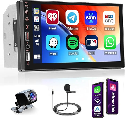 [Stable] Double Din Car Stereo with Wireless Apple CarPlay and Android Auto, 7 inch Touchscreen Car Audio Receiver with Bluetooth, FM Radio, EQ, Mirror Link, Rearview Camera, USB/AUX/U Disk/SWC