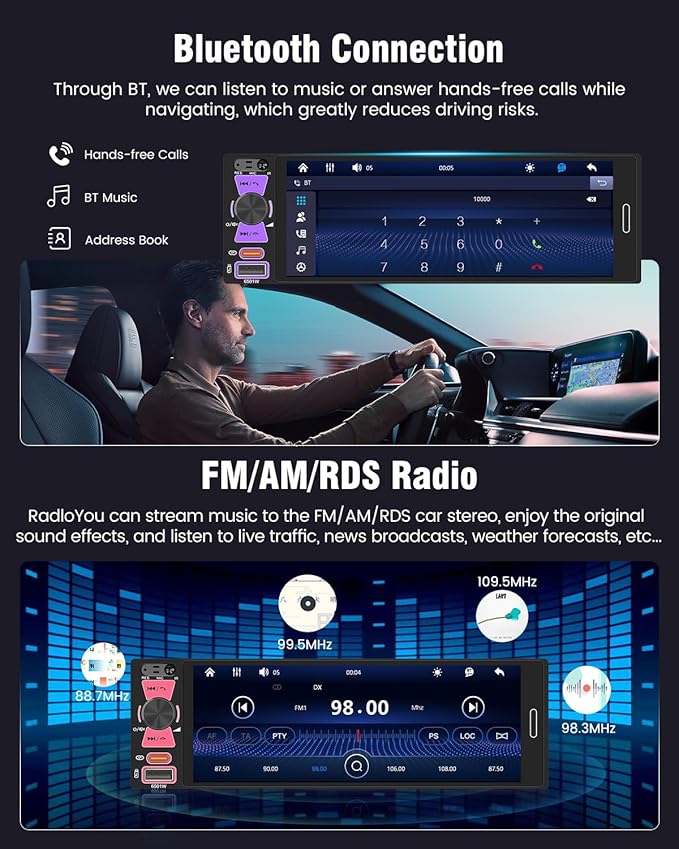 Single DIN Car Radio with Bluetooth Connection, 1 DIN Car Stereo Wireless Apple CarPlay with 6.5" HD in-Cell Touch Screen, FM/AM/RDS, USB + Type-C Ports, Remote Control, SWC, Backup Camera