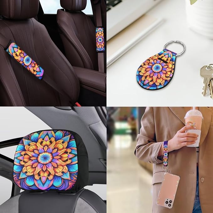 Mandala Lotus Car Seat Covers Full Sets 18 Pcs Universal Car Interior Accessories Set with Mandala Flower Print Car Headrest Covers Steering Wheel Cover Keychain Vehicle Trash Bag
