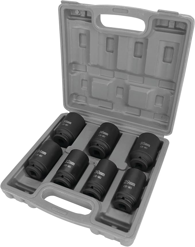 Performance Tool W89323 Axle Nut Socket Set, 1/2" Drive (7 Pieces) - Chrome Molybdenum Steel, Extra-Deep Sockets, Fits Various Domestic and Import Vehicles, Storage Case Included