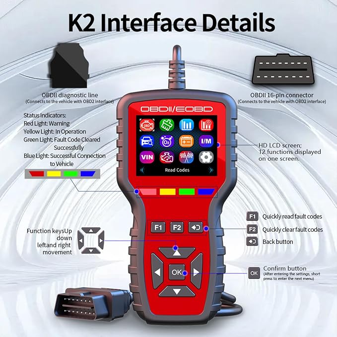 K2 obd2 scanner obd2 scanner diagnostic tool with Battery Tester, Check Engine Fault Code Reader with freeze frame, oxygen sensor testing, I/M readiness status,suitable for OBDII/EOBD vehicle