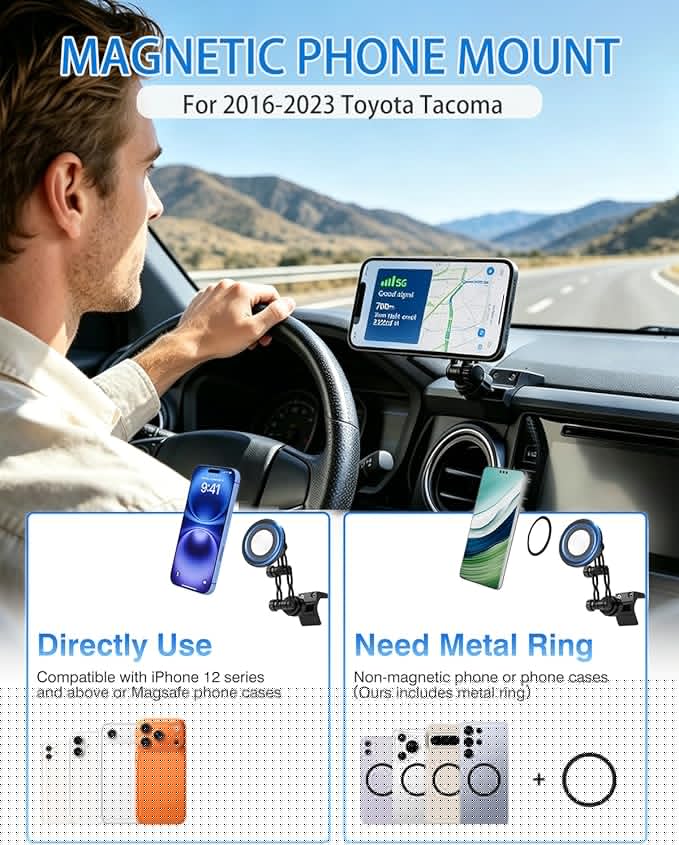 Autorder Upgraded Magnetic Car Phone Holder for Toyota Tacoma 2016-2023 Accessories Strong Adsorption Phone Mount 360°Flexible Adjustment Magnetic Phone Stand Fit for All Smartphone for MagSafe