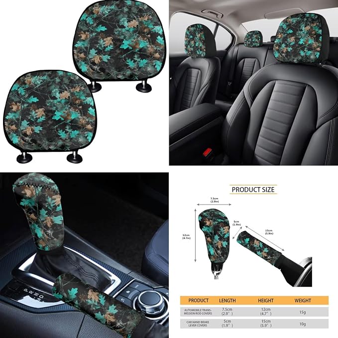 Blue Camo Maple Leaf Car Seat Covers Full Set 15 Pcs Universal Car Accessories Steering Wheel Cover Seat Belt Pads Garbage Bag Car Headrest Pillow Covers Armrest Pad