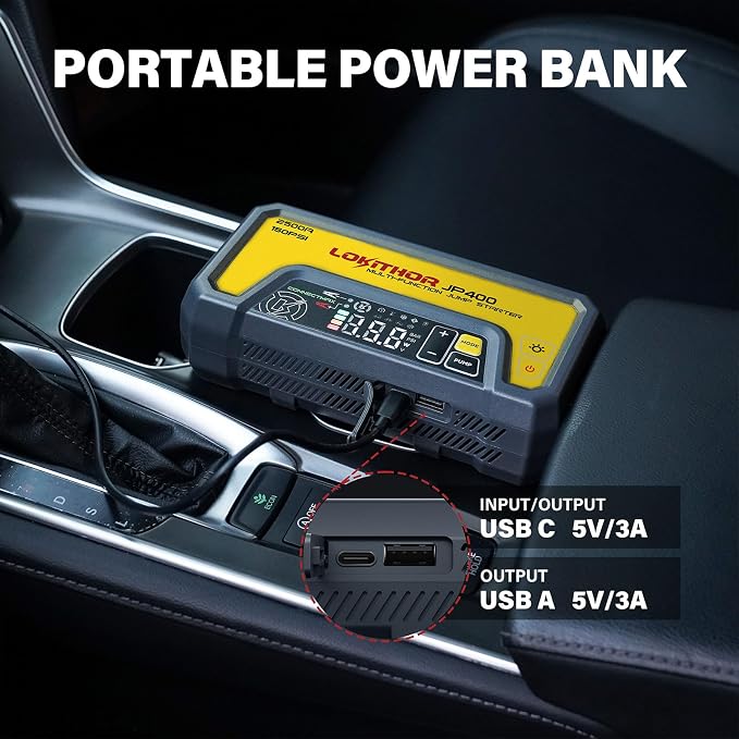 LOKITHOR JP400 Jump Starter with Air Compressor, 2500A 12V Portable Car Battery Booster Pack (8.5L Gas/6.5L Diesel) with ConnectMax Tech, 150PSI Tire Inflator, Auto-Shutoff & Dynamic Dwell (Yellow)