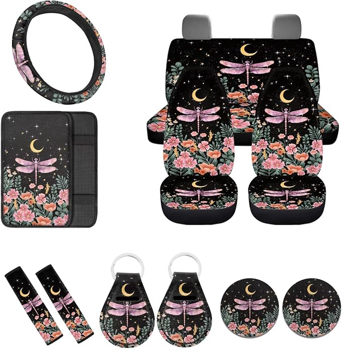 12 Pcs Dragonfly Car Seat Covers Full Set Moon Stars Flower Cottagecore Dragonfly Front Back Seat Cover,Fit Most Cars, Truck,Elastic Steering Wheel Cover Seatbelt Keychain Armres Pads Decor