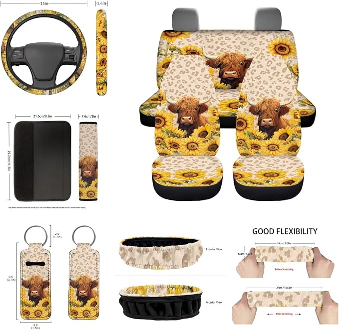 Highland Cow Car Seat Covers Full Sets+Cow Print Auto Front Rear Bench Seat Covers for Most Vehicle+Steering Wheel Cover+Keychain+Coaster+Mirror Covers+Seatbelt Pads for Women