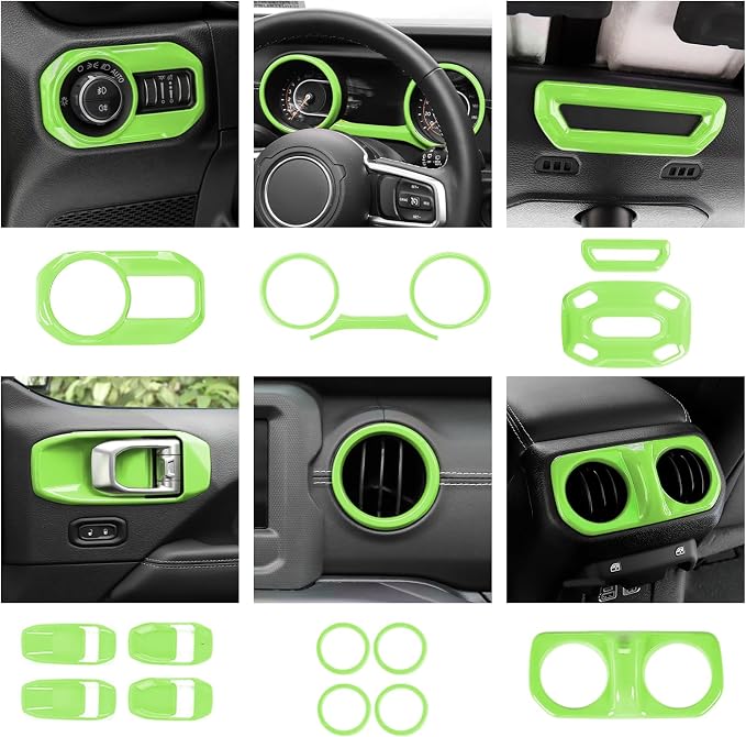 21PCS Light Green Interior Trim Kits Fit for 2018-2023 Jeep Wrangler JL JLU & Gladiator JT 4Door Interior Decor Accessories Dashboard AC Headlight Switch Roof Speaker Inner Door Bowl Steering Button