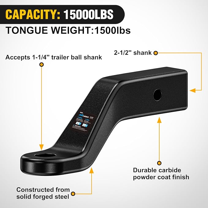 Nilight Trailer Hitch Ball Mount with 5/8" Hitch Pin Clip Fits 2-1/2 Inch Receiver Square 15000 lbs 4" Drop, 2-1/2" Rise, 1-1/4-Inch Hole, Gloss Black Powder Coat