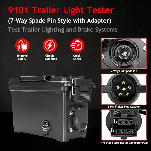 9101 Trailer Light Tester Box,Test Trailer Lighting & Brake Systems,7 Way | with Plug Adapter,7-Way Spade Pin,Heavy Duty,RV,Semi trailer light tester,Avoid Blown Fuses,Portable suitcase-style