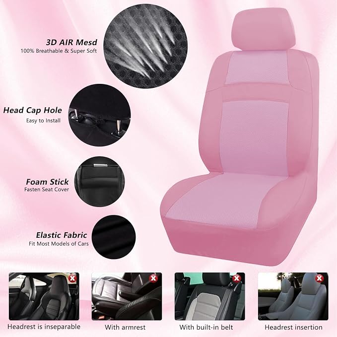 Car Seat Cover Full Set for Women with Waterproof Floor Mats,3D Air Mesh Car Seat Cover with 5mm Composite Sponge Inside,Universal Fluffy Steering Wheel Cover, Accessories Full SUV(Pink)