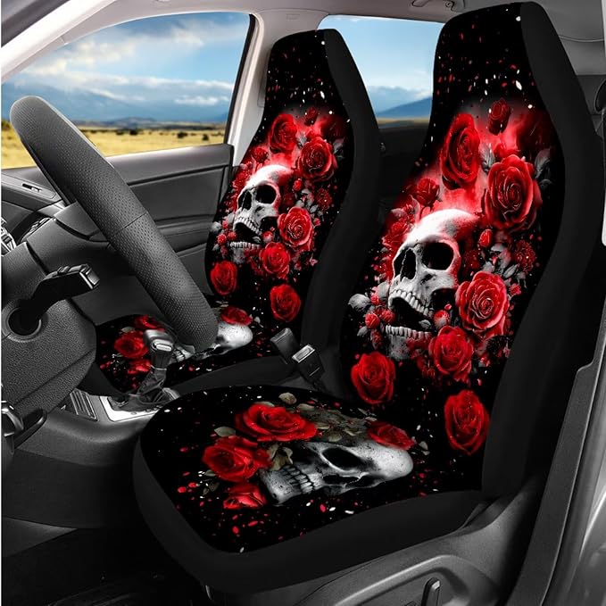 Bulopur Gothic Skull Red Rose Vehicle Seat Covers Front and Backseat with Matching Car Armrest Pad 15 Inch Steering Wheel Cover Auto Seat Belt Covers Coasters Automotive Interior Decor Set
