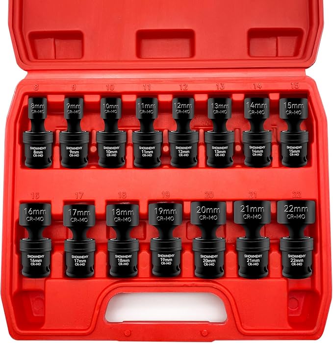 Drive Impact Universal Joint Socket Set, 6 Points, Shallow Swivel Socket Set, Cr-Mo Steel. Heavy Duty Storage Case (Metric 3/8", Metric 3/8")