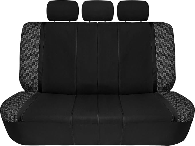 We Are Young Life is Fun™ Checker Car Seat Covers Universal Fit Interior Accessories Full Set Black Seat Cover Combo Steering Wheel Cover and Seat Belt Pads, Airbag and Split Rear Car Seat Covers