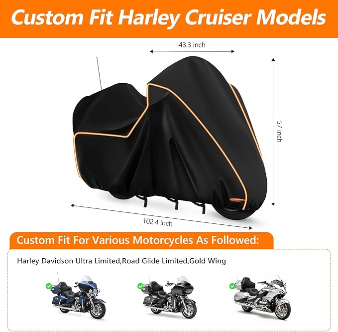 420D Motorcycle Cover for Harley Davidson Ultra Limited,Road Glide Limited,Gold Wing with Trunk Models Outdoor Bike Cover Windproof Heavy Duty Waterproof Protection Fits up to Motorcycles