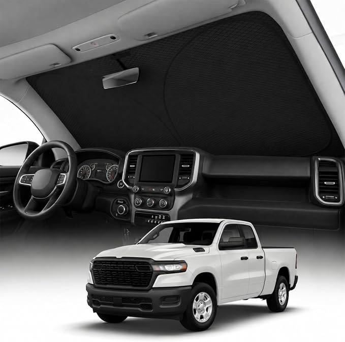 REEVAA 2026 3rd Pro Windshield Sunshade for 2019-2026 Dodge Ram 1500 | Dual-Layer Heat & Sun Defense, OEM Design | Foldable Sun Shade Car Accessories with Storage Bag