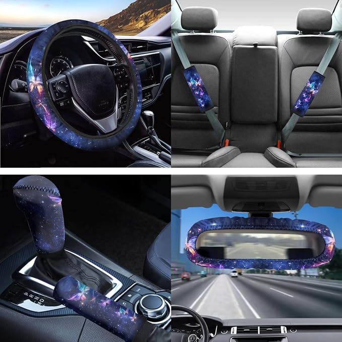 Galaxy Butterfly Car Seat Cover Set - Purple Auto Steering Wheel & Rear View Mirror Covers, Wristlet Keychains, Coasters