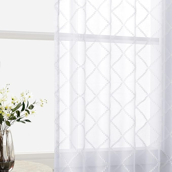 Hokibero Pure White Semi Sheer Curtains 96 Inches Long for Floor Length Living Room Bedroom,Back Tab Rod Pocket Light Filtering Drapes Geometric Embroidered Pattern Dining Room,52 x 96,2 Panels