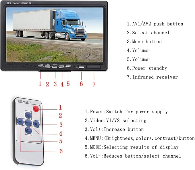 Vehicle Backup Camera 7" TFT Monitor,18 IR Night Vision Rear View Camera Without Gride Line IP 68 Waterproof, 4 Pins Aviation Extension Cable for 33FT Length RVs, Bus, Trailer,Truck