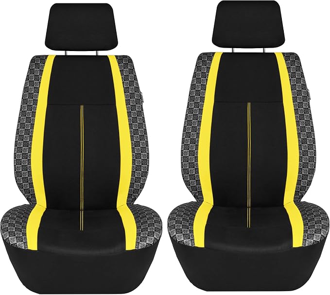 We Are Young Life is Fun™ Checker Car Seat Covers Universal Fit Interior Accessories Full Set Yellow Seat Cover Combo Steering Wheel Cover and Seat Belt Pads, Airbag and Split Rear Car Seat Covers
