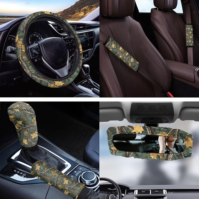 Camo Hunting Car Accessories Set of 11 Car Front Seat Cover Steering Wheel Cover Seat Belt Pads Elastic Fabrics Gear Lever Cover Universal Fit Most Cars SUV