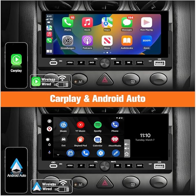 Single Din Car Stereo, 6.86 Inch CarPlay & Android Auto HD IPS Touchscreen Radio with Bluetooth with Backup Camera, Support USB Type-C Charging/USB/Mirror Link/Microphone/FM/EQ (B)