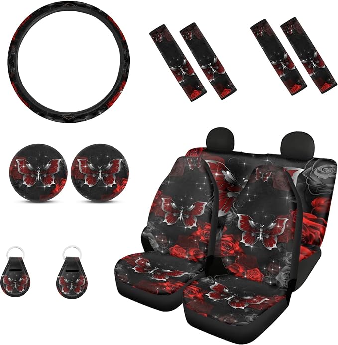 Howilath Red & Silver Butterfly Flowers Print Universal 13 Pieces Car Accessories Set Auto Seat Covers Full Set,Steering Wheel Covers,Seatbelt Pads,Coasters,Keyrings,Interior Vehicle Decor