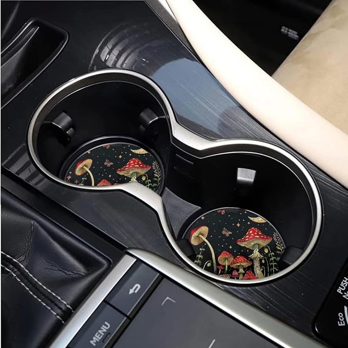 BIGCARJOB Mushroom Car Seat Cover Full Set 15 Pieces Mushroom Print Car Interior Accessories Set with Universal Steering Wheel Cover Car Trash Can Hanging Seat Headrest Covers