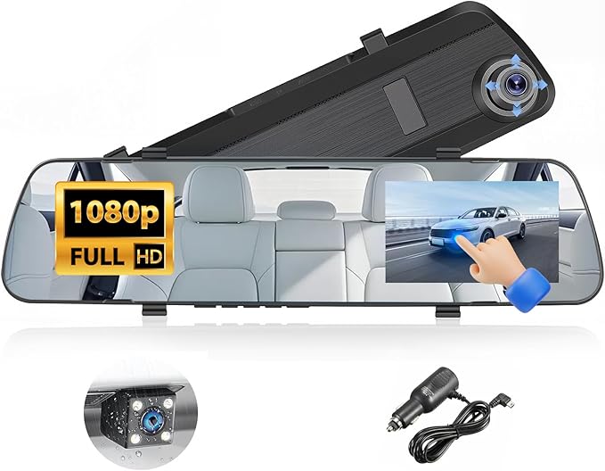 1080P Dual Lens Rear View Mirror Camera, 4 Inch Touchscreen Mirror Dash Cam Front and Rear, Exposure Adjustment/Loop Recording/Motion Detection/Parking Assistance + Backup Camera