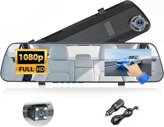 1080P Dual Lens Rear View Mirror Camera, 4 Inch Touchscreen Mirror Dash Cam Front and Rear, Exposure Adjustment/Loop Recording/Motion Detection/Parking Assistance + Backup Camera