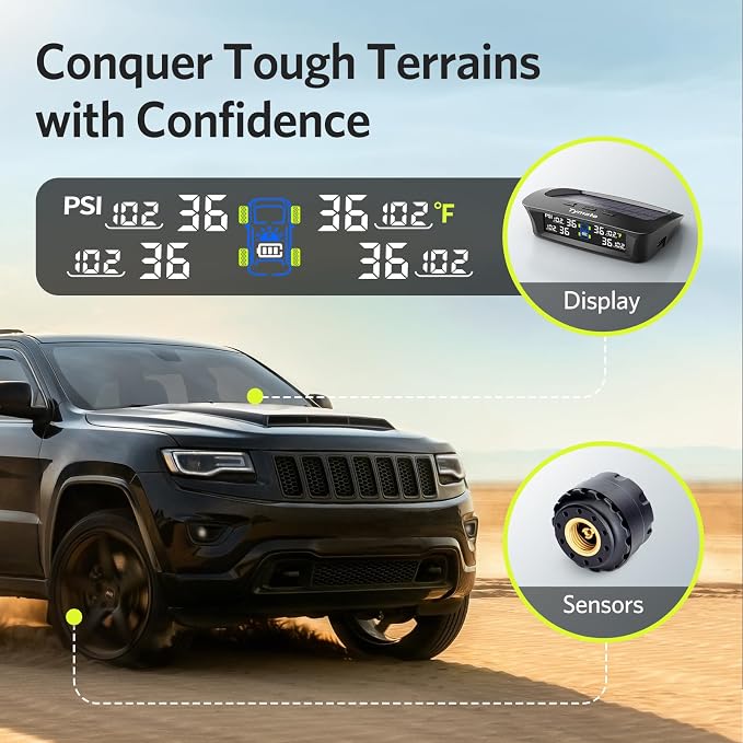 Tymate TM3 RV Tire Pressure Monitoring System, Solar Charge TPMS, 6 Sensors & 5 Alarm Modes, Color Display, W/Repeater for Longer Distance Transmission, 0-144 PSI for RV Trailer Camper Fifth Wheel